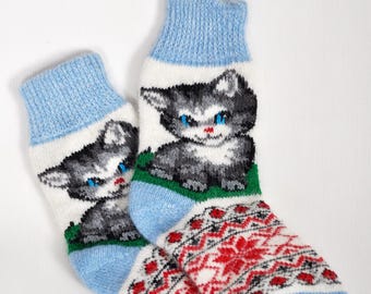 Wool Socks for Women – Ukrainian Handmade, Kitty Designs , Warm Cozy Winter Gift | UK 3.5–7