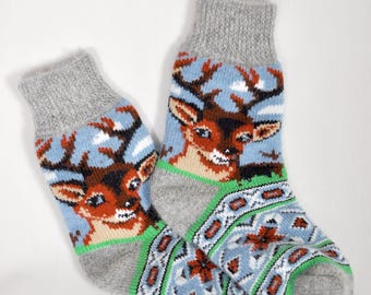 Wool Socks for Women – Ukrainian Handmade, Animal Designs (Reindeer, Squirrel), Warm Cozy Winter Gift | UK 3.5–7