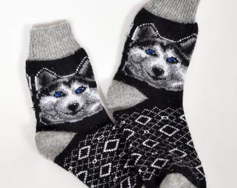 Wool Socks for Men – Ukrainian Handmade, Wolf & Tiger , Warm Winter Gift | UK Sizes 6.5-10.5
