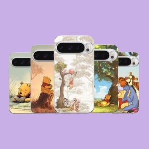 May include: Five smartphone cases featuring various illustrations of Winnie the Pooh and friends. The designs include Pooh reading a book, sitting on a tree stump, holding a red balloon, resting under a tree, and hugging Eeyore and Tigger.