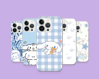 May include: A collection of five phone cases featuring a cartoon character. The cases have various designs, including blue gingham, character illustrations, and patterns. The cases are in shades of blue and white, with a purple background.