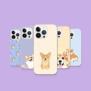 Peut inclure: Cinq coques de téléphone avec des motifs de chiens corgi. Les coques sont de différentes couleurs, dont le bleu clair, le lavande et le crème. Chaque coque présente une illustration de corgi différente, certaines avec des motifs répétés et d'autres avec des portraits individuels.
