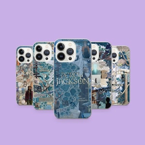 May include: Six phone cases with a blue and white collage design. The cases feature the text "Percy Jackson" and various illustrations. The cases are arranged in a fan shape against a purple background.