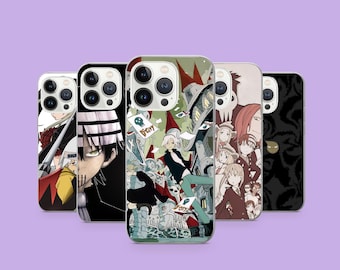 May include: A collection of five phone cases featuring anime-style illustrations. The cases display various characters and scenes in a vibrant color palette, with designs including a skull, a character with white hair, and other graphic elements.
