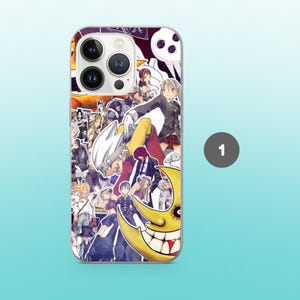 May include: A clear phone case featuring a collage of anime characters in various poses and outfits. The design includes a yellow smiling moon, a white skull, and figures in black, red, and white. The case is designed for a smartphone with multiple camera lenses.