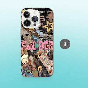 May include: A clear phone case featuring a collage design with the text "Soul Eater" in pink. The design includes a skateboard, stars, and a cartoon character. The case is designed to fit a smartphone.
