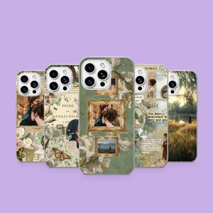 May include: Five smartphone cases featuring literary and nature-themed collages. Designs include framed portraits, floral patterns, butterflies, and landscape scenes. Text elements include the title Pride and Prejudice and various printed quotes.