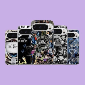 May include: A collection of five phone cases featuring designs inspired by Tim Burton films. The cases display various images, including characters and quotes from movies like "Beetlejuice" and "The Nightmare Before Christmas". The cases have a glossy finish.