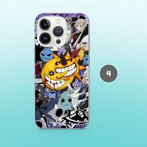 May include: A phone case featuring a colorful collage of anime characters. The design includes a smiling yellow sun with a horn, various cartoon figures, and a purple background. The case has a clear border and a camera cutout.