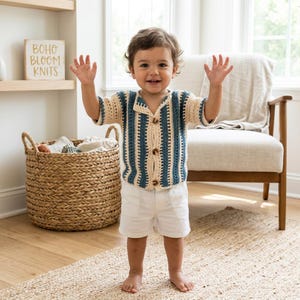 Patrón de camisa de bebé a crochet / Camisa abotonada de rayas verticales / Nivel intermedio / 6 meses a 4 años / Descarga en PDF