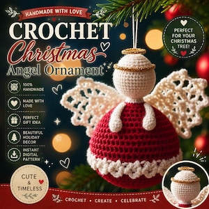 May include: A handmade crochet angel ornament featuring a round white head with a gold glitter halo, a red dress with a white crocheted trim, and white lace-like wings. The ornament hangs from a string and includes a smaller view of the head.