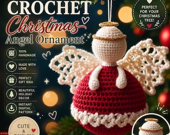 May include: A handmade crochet angel ornament featuring a round white head with a gold glitter halo, a red dress with a white crocheted trim, and white lace-like wings. The ornament hangs from a string and includes a smaller view of the head.