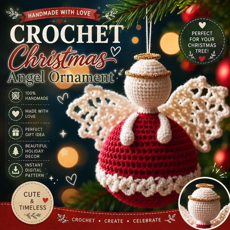 May include: A handmade crochet angel ornament featuring a round white head with a gold glitter halo, a red dress with a white crocheted trim, and white lace-like wings. The ornament hangs from a string and includes a smaller view of the head.