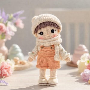 Puede incluir: Muñeca de ganchillo hecha a mano, con gorro, bufanda, suéter y peto naranja crema. La muñeca tiene cabello castaño, mejillas rosadas y ojos grandes y expresivos. Está de pie sobre una superficie clara.