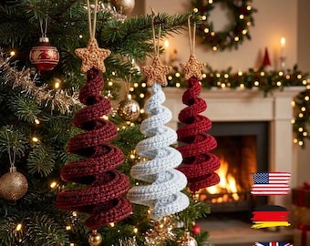 May include: Three spiral-shaped Christmas tree ornaments made of crocheted yarn. Two ornaments are deep red and one is white. Each ornament features a small, textured, tan-colored crocheted star at the top and hangs from a simple twine loop.