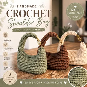 May include: Three handmade crochet shoulder bags in sage green, dark brown, and cream. Each bag features a rounded silhouette, a thick crocheted handle, and gold-toned metal hardware connecting the handle to the bag body.