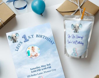 Blue Elephant 1st Birthday Invitation | Canva Editable, Printable (Digital Download)