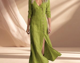 Vestido midi boho com decote em V e botões, em mistura de algodão e linho, estilo praia de verão.