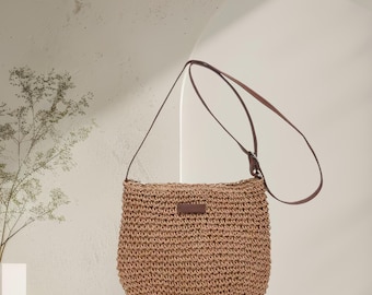 Bolsa transversal de palha trançada, bolsa de ombro boho para praia no verão, bolsa estilo sacola para praia