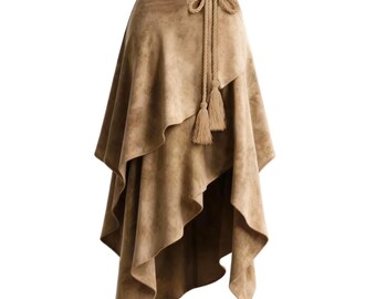 High-Waisted Faux Suede Midi Skirt – Boho Western Asymmetrical Hem
