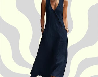 Vestido feminino sem mangas com decote em V e corte em A, estilo casual de verão com bolsos.