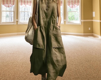 Vestido longo feminino oversized de linho – Decote redondo, sem mangas, casual, com bolsos grandes para uso diário.