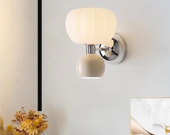 Cream Pumpkin Sconce – Minimalist Bedside Wall Lamp, Children's Room Light