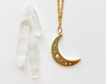 DREAM MAKER // moon necklace, crescent moon, opal, cubic zirconia, gold, long, celestial, boho, mother, dainty chain, Christmas gift