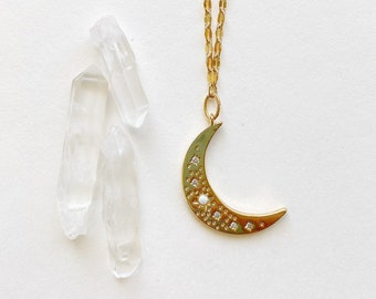 Crescent moon necklace, opal, cubic zirconia, gold, long, celestial jewelry, boho, mother, dainty chain, Christmas gift, gift for mom