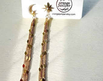 Celestial earring set, moon and star earrings, crystal, opal, tassel earrings, chain earrings, long light earrings, statement, gold