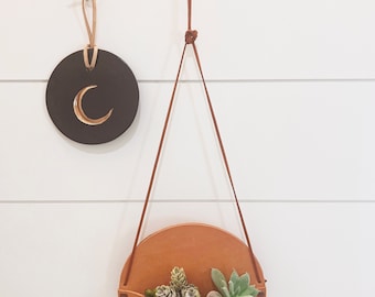 CRESCENT MOON // celestial wall hanging boho decor, clay black decor suede leather, nursery living room wall collage, fall season decor