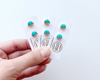 Moon Turquoise Studs, Christmas gift, Boho Beach Earrings, Moon Earrings, Simple, Crescent Moon Studs, Blue and Gold, Stocking Stuffer