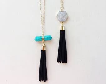 LAGUNA // Suede Tassel Necklace, White Druzy, Turquoise Howlite Necklace, Long Necklace, Layering Necklace, Gold Necklace, Statement