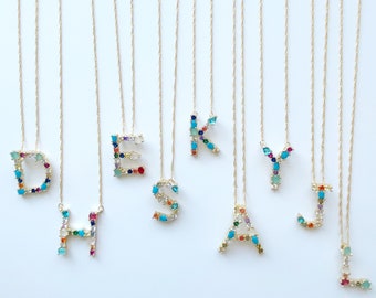 rainbow initial letter necklace, Christmas gift, personalized, customized, gold necklace, stocking stuffer, name necklace, charm, mom gift