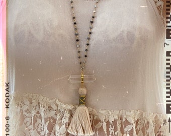 Long tassel and quartz necklace, quartz point, gold, dendritic opal, Christmas gift, boho necklace, statement, crystal, neutral colors