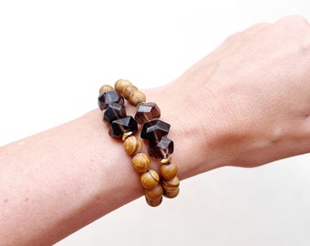 DRIFTWOOD // smoky quartz, elastic bracelet, brown, tan, black, stretchy bracelet, chunky, round, stackable, boho, beach, glass, gift