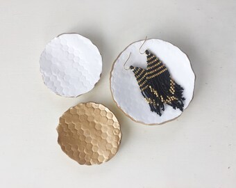 Honeycomb Ring Dish, Jewelry Holder, White and Gold, Bowl, Ring Holder, Trinket Dish, Geometric, Bridesmaid Gift, Christmas gift, home decor