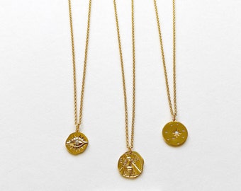 SPIRIT COIN // Christmas gift, coin pendant, bee, star, evil eye, medallion pendant, opal, rolo chain, boho style, gold, short, layering