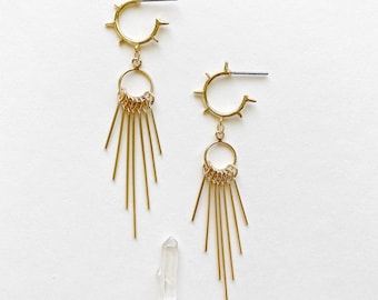 Sunburst fringe tassel earrings, gold earrings, post dangles, celestial jewelry, boho style, sunrise, mini hoops, sun earrings, hoop tassel