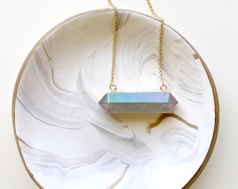 Aura quartz bar necklace, quartz point, gold, short, celestial necklace, boho necklace, Christmas gift, mystical, celestial, rainbow