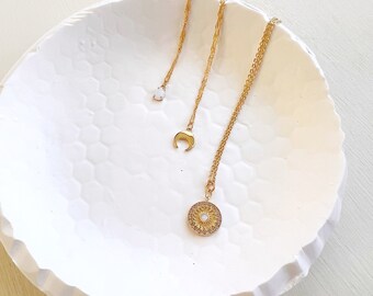 Tiny moon necklace, medallion, moonstone, gold, short, celestial necklace, boho, choker, layering necklace, Christmas, opal, dainty
