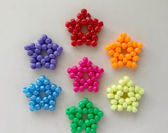 Kandi Beaded Star Keychain, Rainbow Pony Beads, Elastic Cord Charm