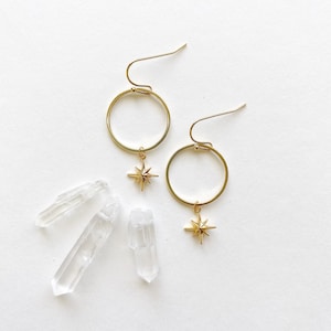 North star gold hoop earrings, hoop dangles, celestial jewelry, lightweight, boho earrings, Christmas gift, gift under 35, gift for daughter