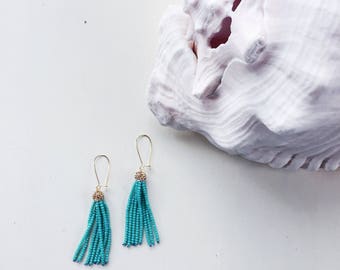 DEL RIO // Turquoise Crystal Tassel Earrings, Pave Earrings, Long Earrings, Bohemian Earrings, Beachy Earrings, Blue Earrings, Fringe