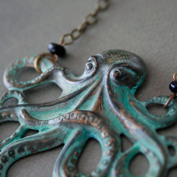 Grand Octopus Necklace, Verdigris Patina Stamping, Onyx Beads, Nautical, Gift Ideas