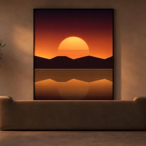 May include: A rectangular wall art print featuring a stylized sunset over dark mountain silhouettes and a calm body of water. The artwork displays a large, bright orange sun with horizontal lines, set against a deep gradient sky.