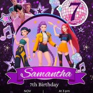 Op de afbeelding: Een digitale uitnodiging voor een 7e verjaardag. Het ontwerp toont geanimeerde figuren, muzieknoten, sterren en een discobal. De uitnodiging bevat de naam "Samantha", datum, tijd en locatiegegevens. De achtergrond is glinsterend paars.