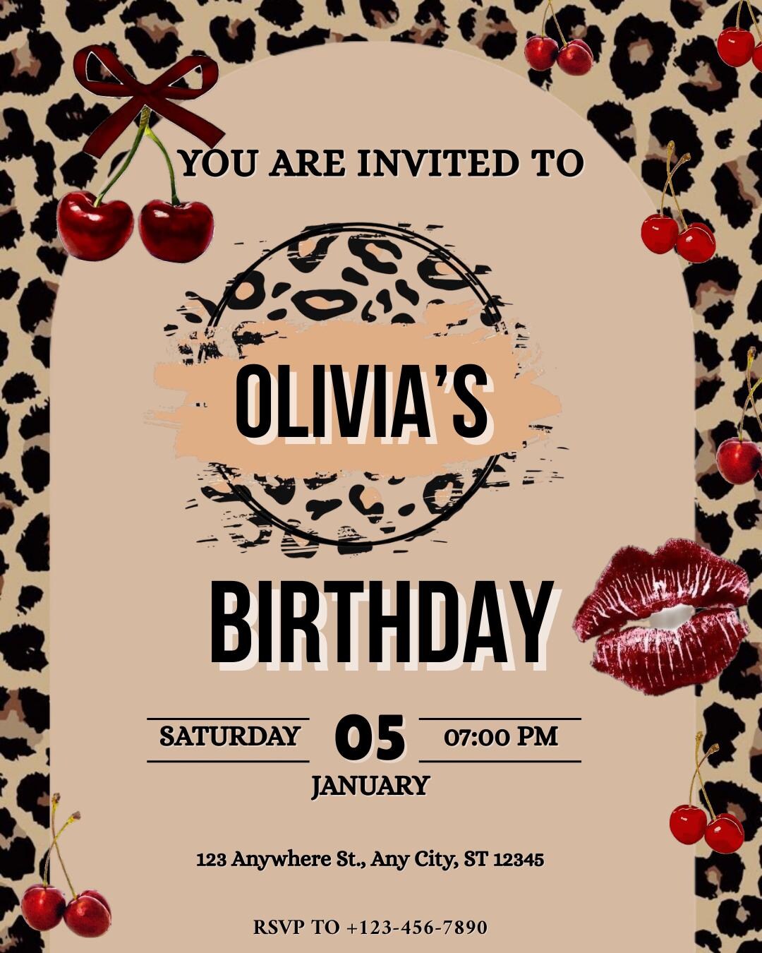 Cheetah Print Birthday Invitation, Black Cherry Party Editable Canva ...