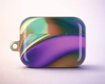 Glossy Y2K AirPods Case, Metallic Abstract Art Design, Retro Futuristic Aesthetic Cover, AirPods Gen 1-3, 4 & Pro 1-2, Carabiner Included