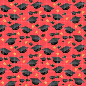 Può includere: Motivo ripetuto di cappelli neri da laurea con nappe verdi e stelle dorate su sfondo a griglia rossa. I cappelli sono di diverse dimensioni, creando un design dinamico. Ideale per prodotti a tema laurea.